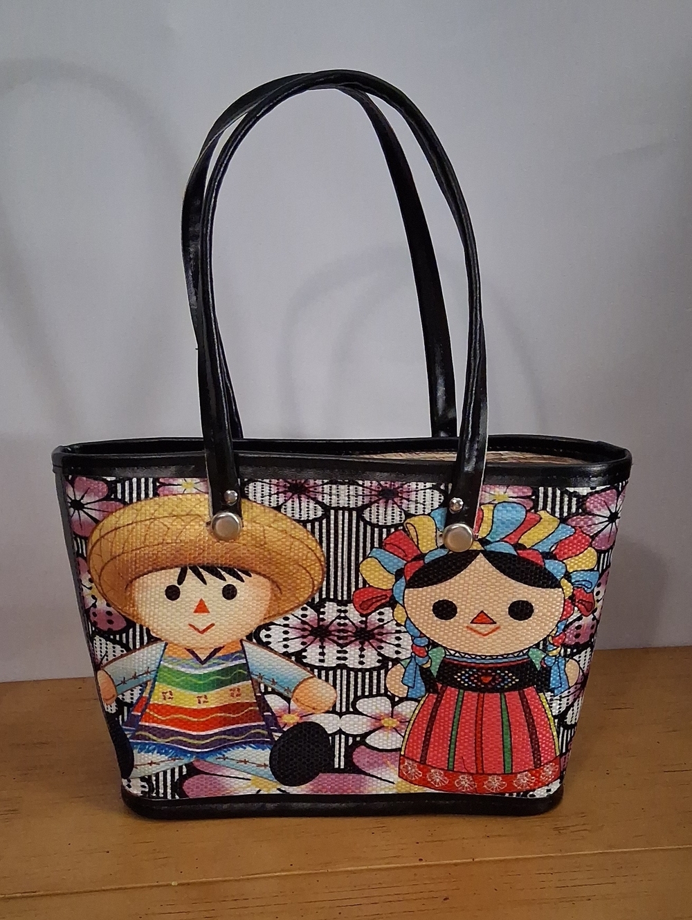 Colorful Folk Doll Printed Tote Bag - Black Trim